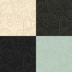 Topography patterns. Seamless elevation map tiles. Astonishing isoline background. Radiant tileable patterns. Vector illustration.