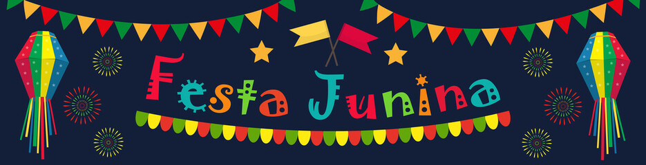 Festa Junina banner. Brazilian Latin American festival template for your design festive bunting flags, paper lantern. Vector illustration © Lucia Fox