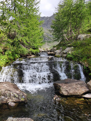 Fototapeta na wymiar Ri d' Agrello waterfall between Corte di Mognola and Lai di Mognola