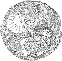 Infinity dragon in circle isolate on white background.Chinese lucky dragon eight shape in circle.Silhouette Japanese dragon.