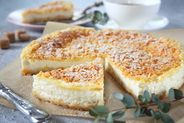 Italian ricotta (cottage cheese) grated tart and cup of tea