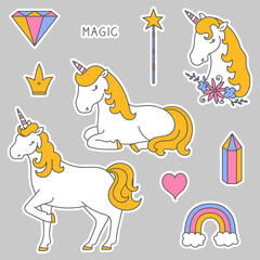 Stickers with a unicorn, rainbow, heart, unicorn head, diamond, crown and magic wand. Cute decoration items for kids.