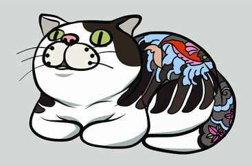 Japanese cute kitten with traditional tattoo.Japanese cute cat with traditional tattoo.Hand drawn Cat Vector.Yakuza meow illustration.