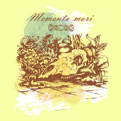 Sketch with the image of a skull and exotic plants. Above is an inscription in Latin - Memento Mori. Vector illustration