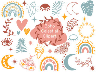 Boho Celestial Clipart. Vector Doodle illustration.