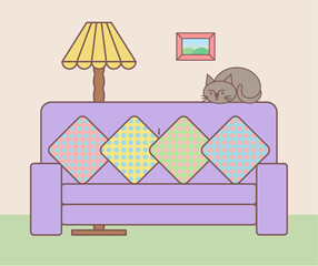 Cat on the sofa in the living room     リビングルームのイラスト　ソファの上にいる猫