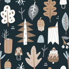 Woodland seamless pattern. Trendy forest texture perfect for textile, fabric, apparel, wallpaper.Vector illustration