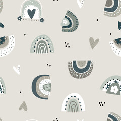 Boho style seamless pattern with hand drawn rainbows, hearts, flowers. Trendy kids vector mint background.