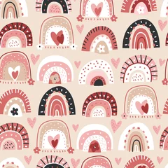 Dekokissen Kindisches nahtloses Muster mit abstrakten handgezeichneten Regenbögen, Blumen und Herzen. Trendiger Kindervektorhintergrund. © solodkayamari
