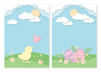 Easter holidays papercut design, easter eggs, chick and butterfly on meadow, cloudy sky paper cut vector set