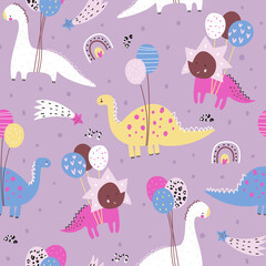 Childish seamless pattern with hand drawn flying dinozaurs on balloons. Creative vector childish background for fabric, textile