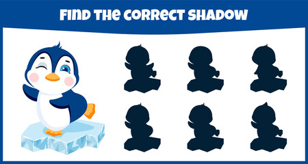 Find the correct shadow. Educational matching game for children with cute penguin.	