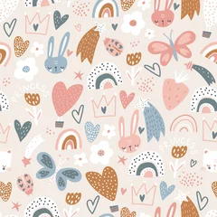 Tuinposter Naadloos patroon met konijntje, kattengezichten, harten, kronen en regenbogen. Creatieve kinderachtige textuur. Geweldig voor stof, textiel vectorillustratie © solodkayamari