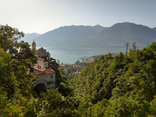 Fototapeta na wymiar View to Madonna del Sasso and Locarno harbor, Ticino