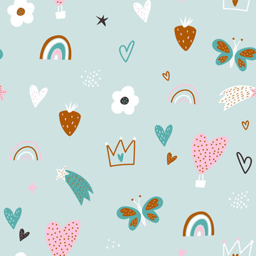 Seamless abstract pattern with hearts, crowns, starwberry,flowers and rainbows. Creative childish texture. Great for fabric, textile Vector Illustration