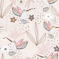 Seamless childish pattern with hand drawn collibi,florals. Creative scandinavian style kids texture for fabric, wrapping, textile, wallpaper, apparel. Vector illustration - 424217727