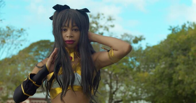 Close up of the red eyes of the cosplay girl dressess as Ishtar from fate grand order
