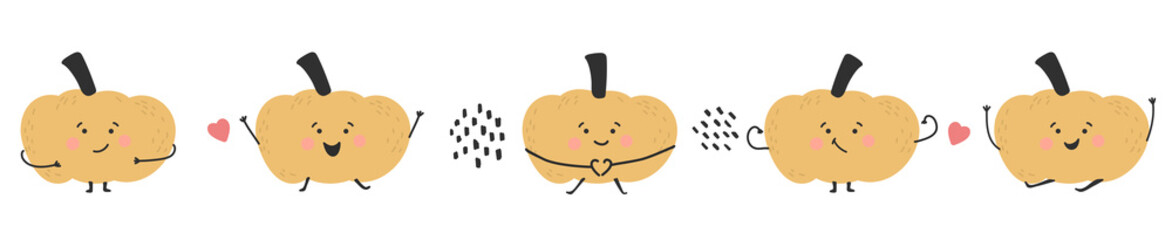 Orange cute pumpkin set. Funny childish character. Healthy vegetables set. Vector illustration