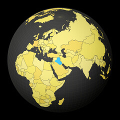 Republic of Iraq highlighted on a dark globe with a yellow world map. Satellite world projection centered on the Republic of Iraq. Charming vector illustration.