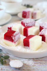 Homemade panna cotta and red fruits cubes in coconut flakes and two cups of tea