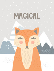 Hand-drawn portrait of a cute fox and mountains. Snow in the forest. Handwritten lettering magical. Poster design in Scandinavian style. Print for the children's room. Minimalist vector illustration