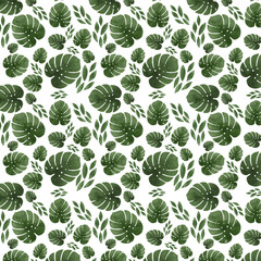 Tropical Seamless Pattern. Painted Floral Background. Monstera Feather Leaves Tropical Seamless Pattern. Cool Summer Fabrics.