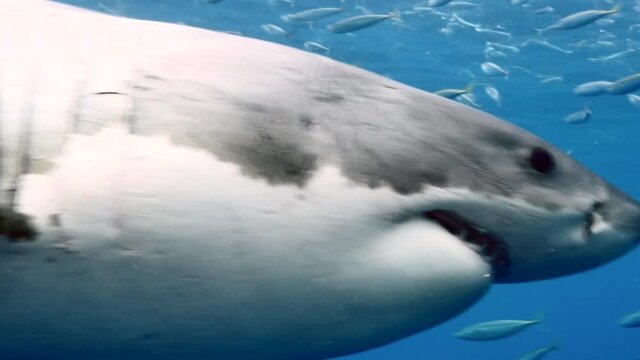 Close-up of great white shark swimming underwater in front of camera in a school of fish off the coast of Guadeloupe, Mexico. Carcharodon carcharias, or white shark. Most predator shark in the ocean.