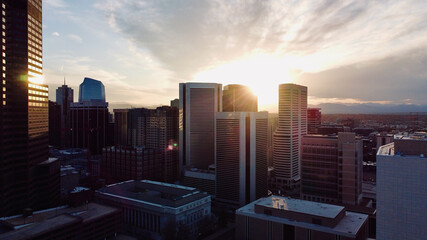 Aerial photo of Denver cityscape at sunset