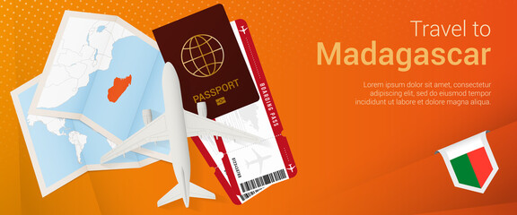 Travel to Madagascar pop-under banner. Trip banner with passport, tickets, airplane, boarding pass, map and flag of Madagascar.
