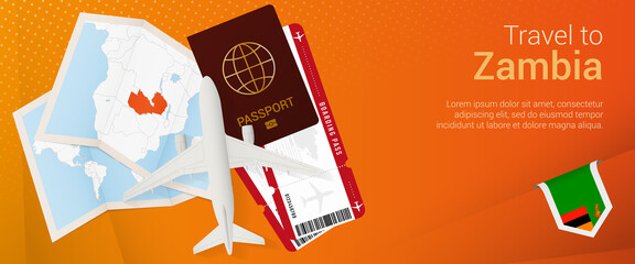 Travel to Zambia pop-under banner. Trip banner with passport, tickets, airplane, boarding pass, map and flag of Zambia.