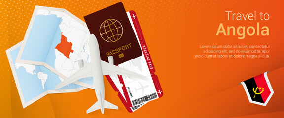Travel to Angola pop-under banner. Trip banner with passport, tickets, airplane, boarding pass, map and flag of Angola.