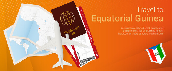 Travel to Equatorial Guinea pop-under banner. Trip banner with passport, tickets, airplane, boarding pass, map and flag of Equatorial Guinea.