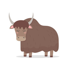 Cute yak, vector childish illustration in flat style. For poster, greeting card and baby design.
