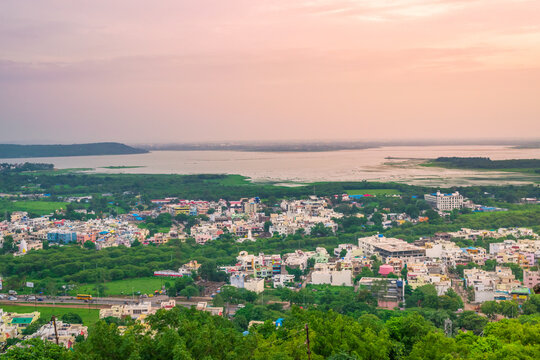 View of Bhopal city with upper lake in backdrop from Manuabhan Tekri at Bhopal also known as 'city of lakes' and it is capital city of Madhya Pradesh, India.