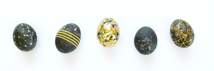 Black easter eggs with gold pattern on white