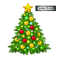 Vector illustration Christmas green realistic 3D Christmas tree decorated with glass balls in red and gold color for the new year holiday garland with lights traditional decor