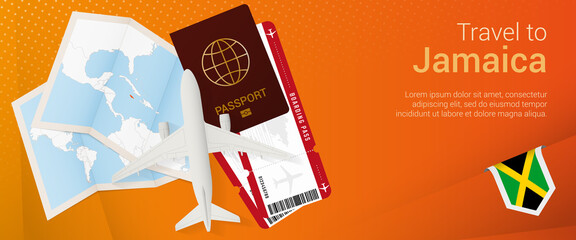 Travel to Jamaica pop-under banner. Trip banner with passport, tickets, airplane, boarding pass, map and flag of Jamaica.
