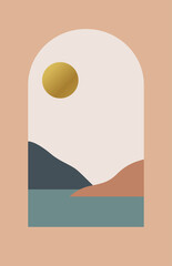 Abstract contemporary aesthetic background with desert landscape, sea, mountains, Sun. Boho decor. Modern print, minimalist wall art . Earth tones, terracotta colors. Mid century style