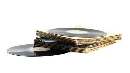 Stack of vintage vinyl records on white background