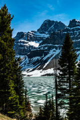 Bow Lake in early spring with some ice still on the lake. Banff National Park, Alberta, Canada