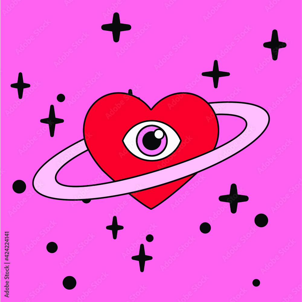 Poster a heart with a ring around it that looks like the planet saturn. minimal illustration for a flash ta