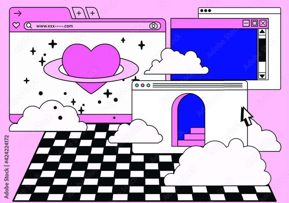 Poster Retro vaporwave desktop with message boxes and user interface elements. Conceptual illustration of dating app.