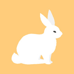 White rabbit. An isolated cute fluffy bunny sits on a yellow background. Flat stylish illustration. Template for web, print, postcard design, sticker, icon. The symbol of Easter. Vector.