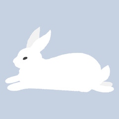 White rabbit. An isolated cute fluffy bunny lies on a blue background. Flat stylish illustration. Template for web, print, postcard design, sticker, icon. The symbol of Easter. Vector.