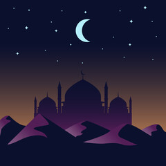 graphic design illustration of a mosque in the desert at night in the month of Ramadan on laylatul qadr. Suitable for breaking fast together design, Ramadan theme poster templates.