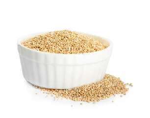 Bowl with raw quinoa on white background