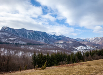 Panorama of snow covered top of mountains