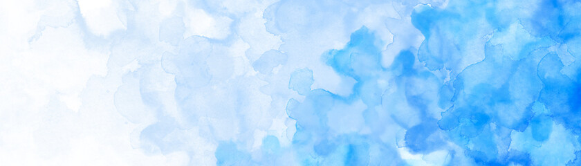 Pastel light blue watercolor painted background, gradient white and blue blotches and blobs of paint on watercolor paper texture grain, abstract blue painting - obrazy, fototapety, plakaty