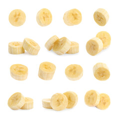 Pieces of tasty ripe banana on white background, collage