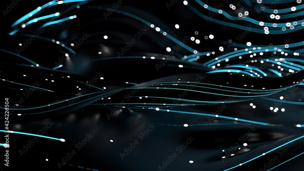 Poster loop animation of flowing technology lines with particles, rendered with bokeh effect. blueline stri